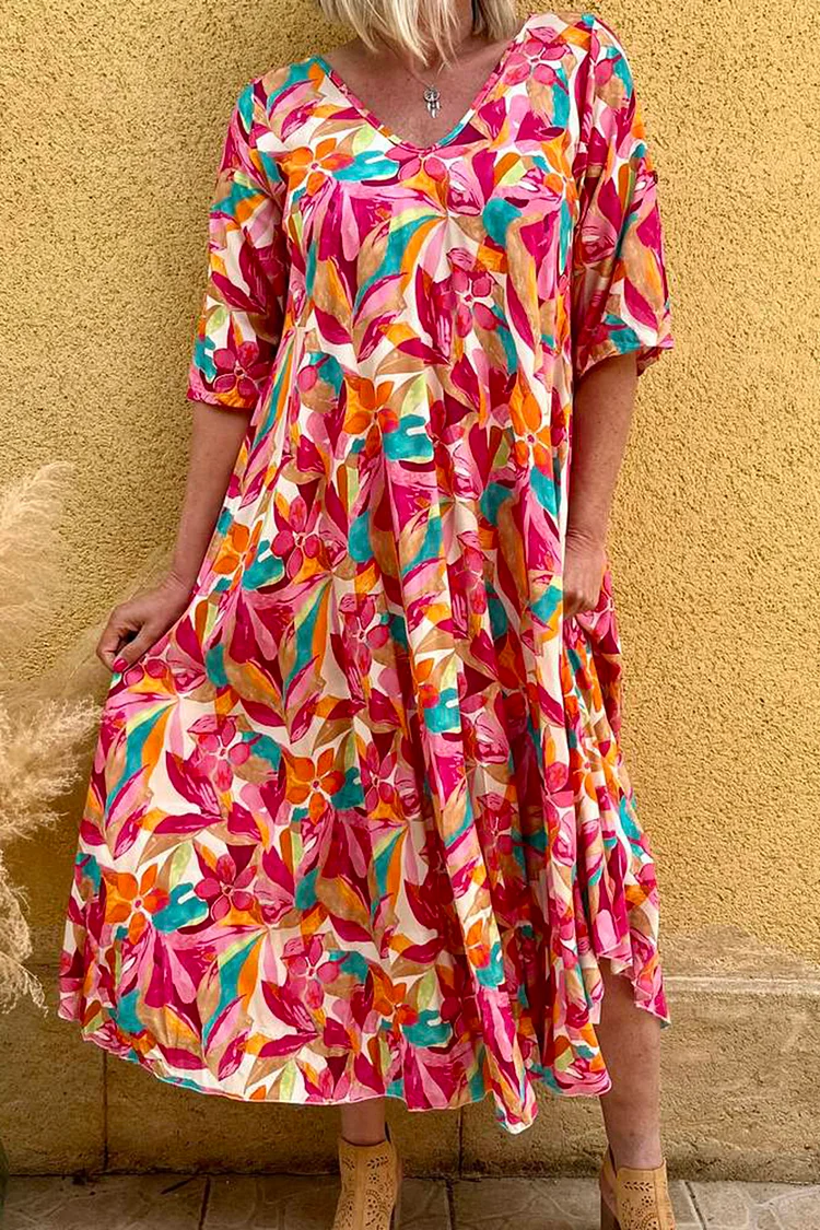 Floral Printed Linen V Neck Half Sleeve Bohemia Midi Dresses [Pre Order]