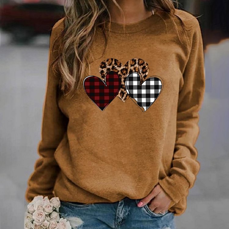 Comstylish Casual Check Heart Print Sweatshirt