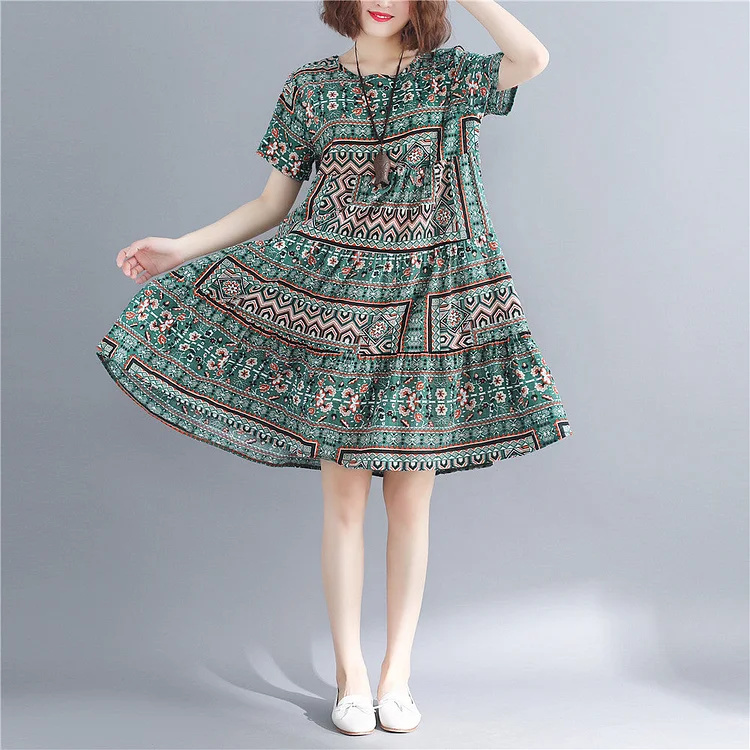 stylish print cotton linen dresses plus size short sleeve baggy dresses Fine o neck cotton linen dresses