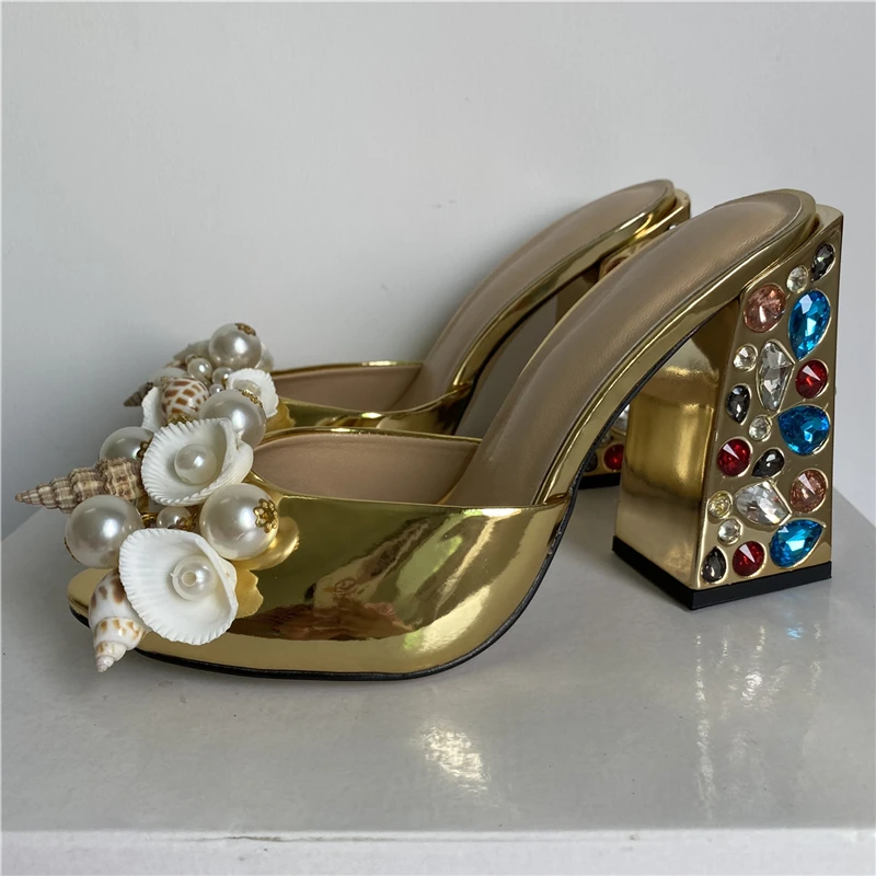 TAAFO Rhinestone Butterfly-Flower Sandals Women Diamond Square Heel Patent Leather Slingbacks Mules 