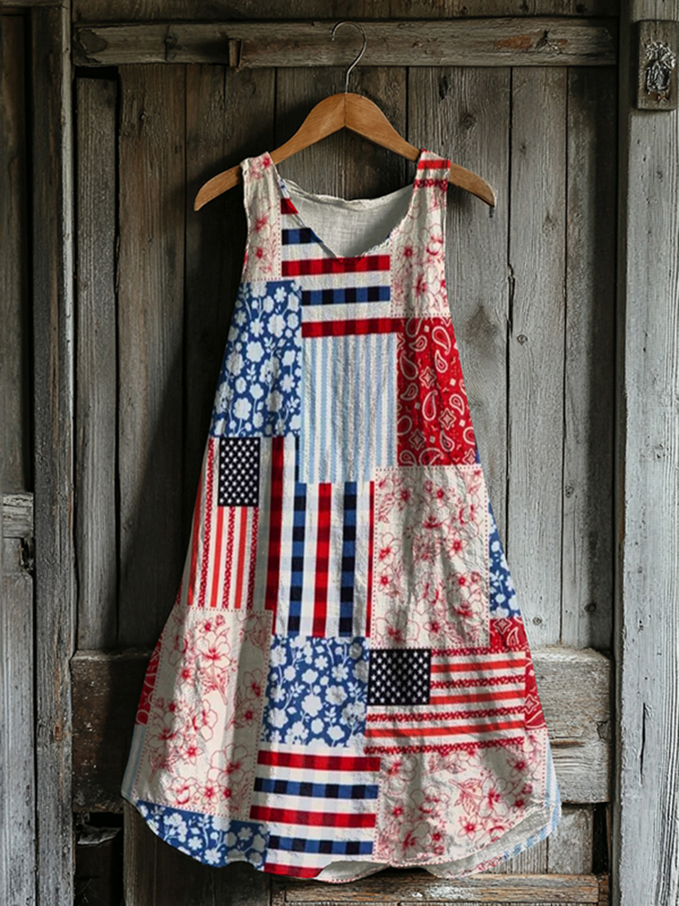 Retro American Flag Wild Bees Art Printed Vintage Chic Pleated Waist Slip Midi Dress main image 0