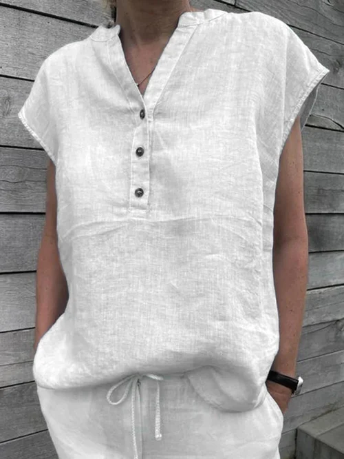 Cotton Linen Shirt Ladies Casual V-Neck Button Short Sleeve Solid Color Top