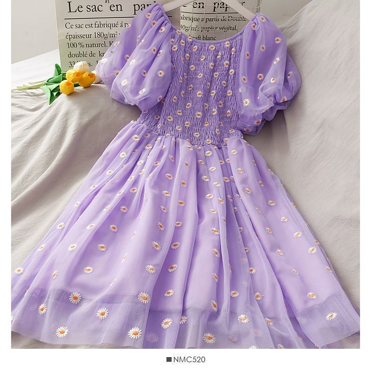 Puff-Sleeve Daisy Embroidery Smocked Mesh Dress SP18184