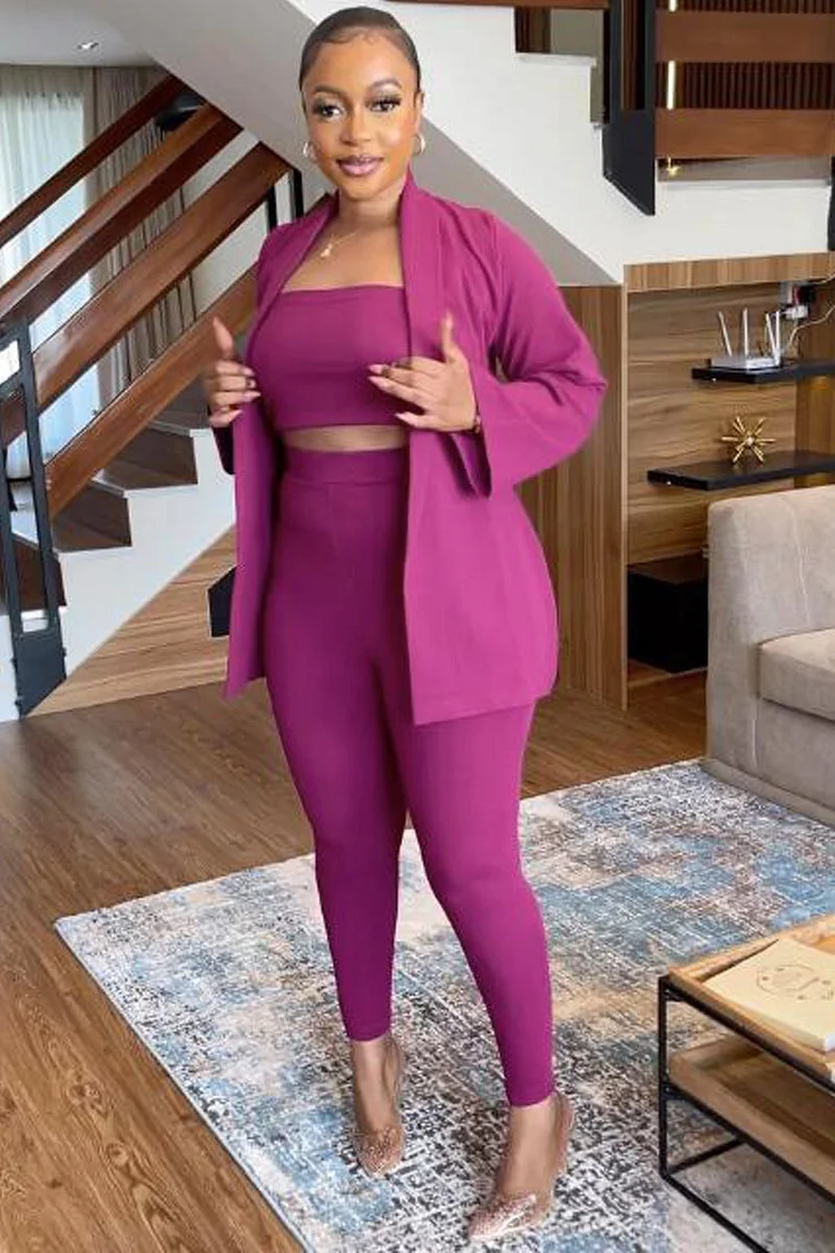 Plain Cop Tube Top High Waist Legging Pants Turndown Collar Blazer Three-Piece Set
