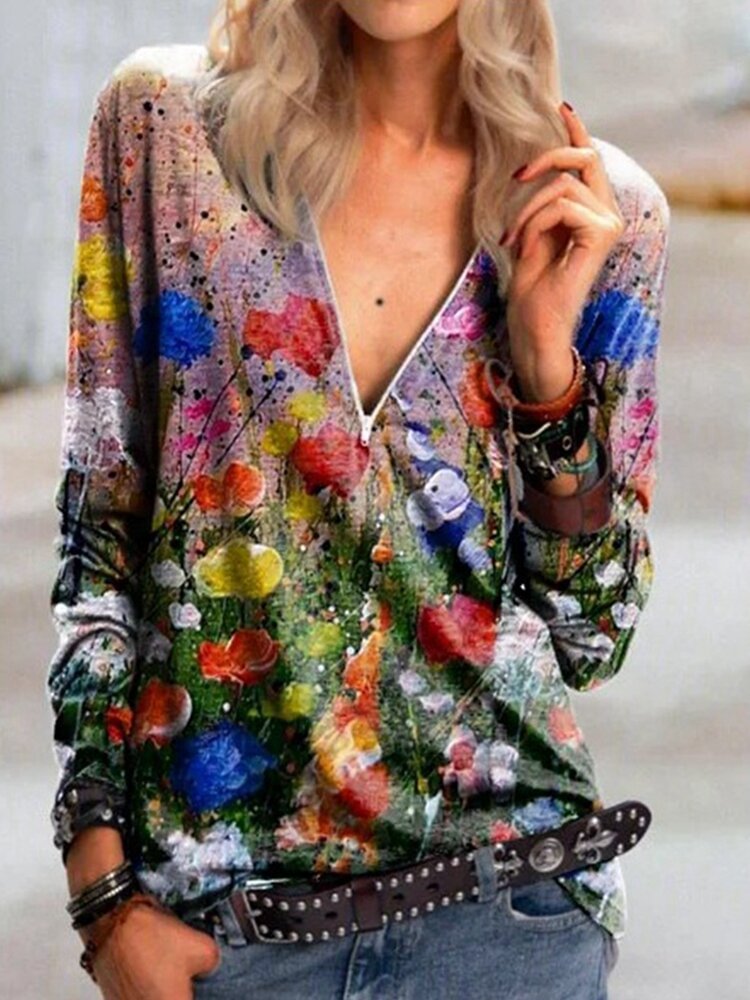 Flower Print V neck Vintage Long Sleeve Blouse For Women P1773362