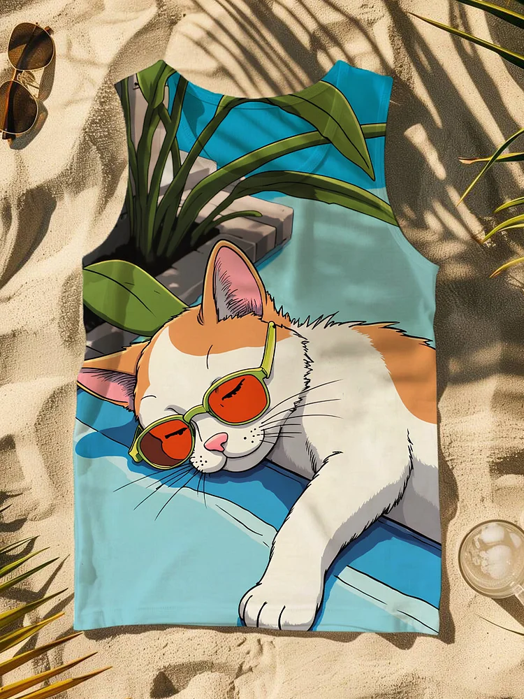 Men's Cat Take A Nap On Vacation Art Print Tank Top