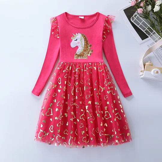 【3Y-8Y】Girls' Unicorn Sequin Long Sleeve Princess Dress