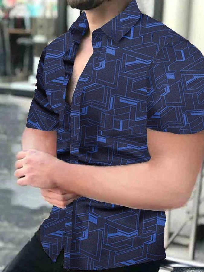 Mens Fashion Geometric Print Short Sleeve Casual Shirt