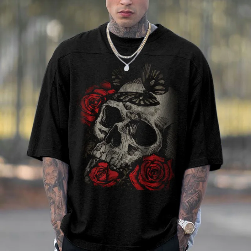 Butterfly skull rose printed loose men's designer T-shirt -  