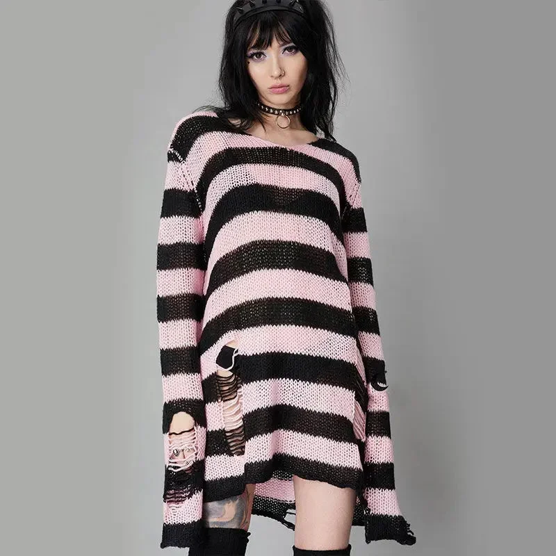 Tlbang Sexy Hollow Out Knitted Sweater Summer Loose Thin O Neck Ripped Hole Cool Y2k Top Stripe Dark Goth Punk Rock Streetwear