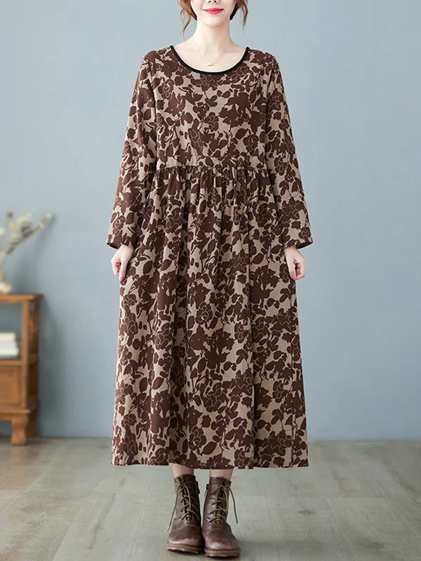 Artistic Retro Ramie Cotton Floral Printed Pleated Round-Neck Long Sleeves Midi Dress