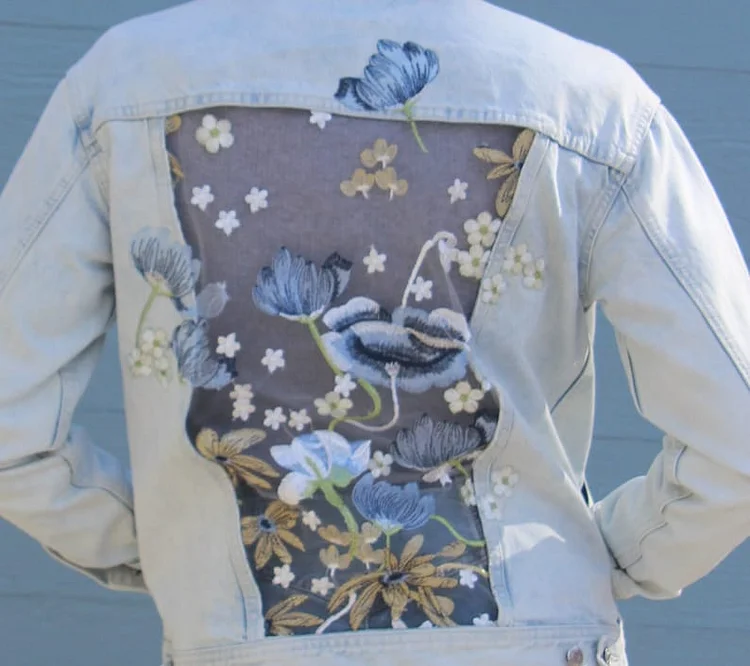 Light blue denim jacket with beautiful blue and gold lace