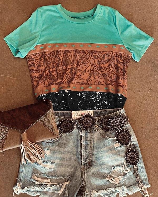 Crew Neck Printed Short Sleeve Casual Shirts & Tops