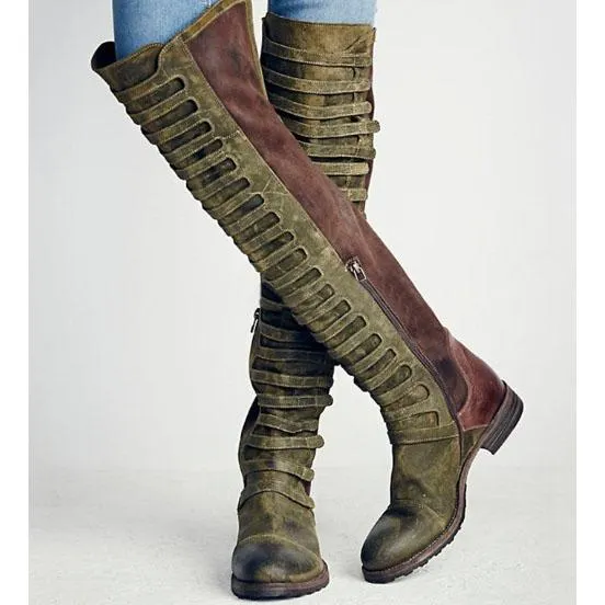 VCSHOES Patchwork Loose Boot Round Toe Flat Over the Knee Boots