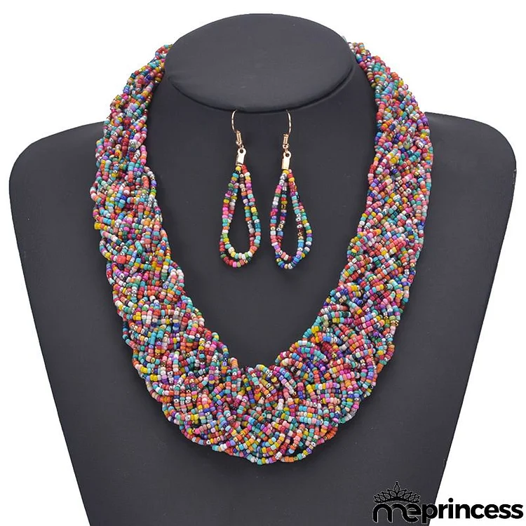 Women Fashion Exaggerated Boho Handmade Braided Rice Beads Necklace Earrings Two-Piece Set