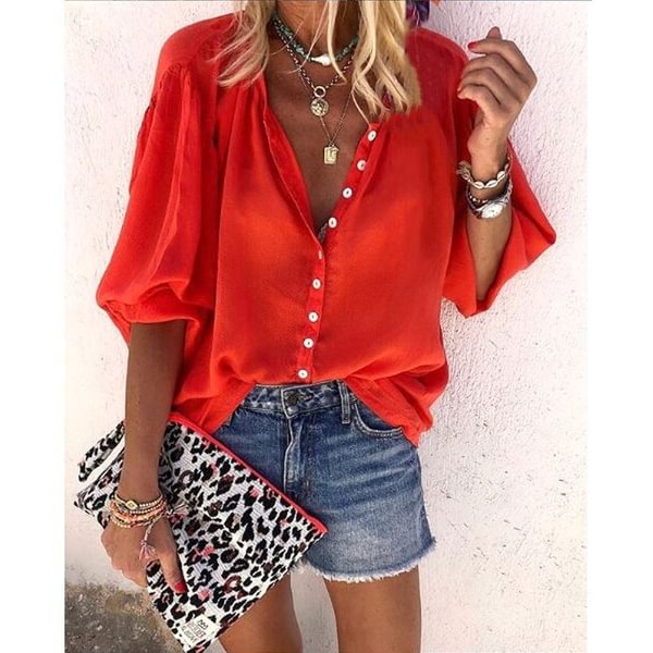 Spring Summer Tops Plus Size Fashion Clothes Women's Causal Long Sleeve Tee Shirts Solid Color Loose T-shirts Ladies Button Up Shirts Deep V-neck Pleated Chiffon Blouses XS-8XL