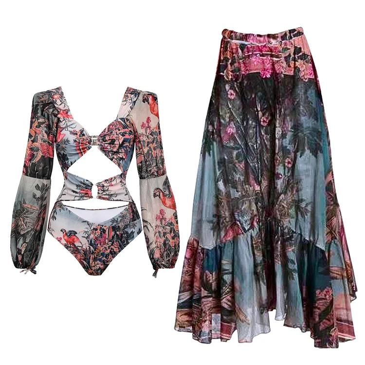Long Sleeve Cutout Printed One Piece Swimsuit and Skirt/Pants Flaxmaker 