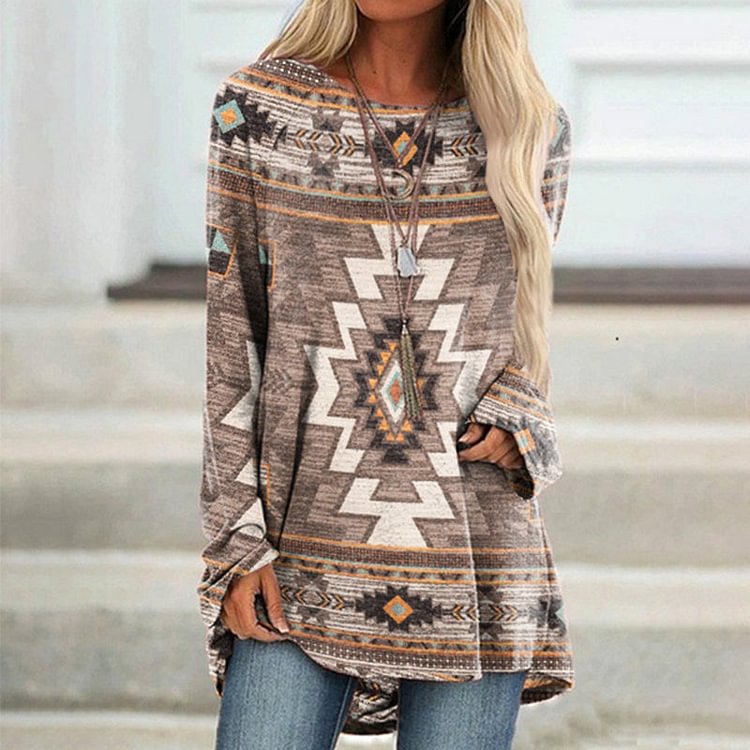 VChics Western Print Crew Neck Long Sleeve Casual Tunic