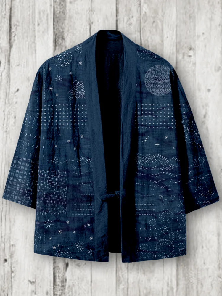 Comstylish Vintage Japanese Sashiko Art Linen Blend Kimono Cardigan