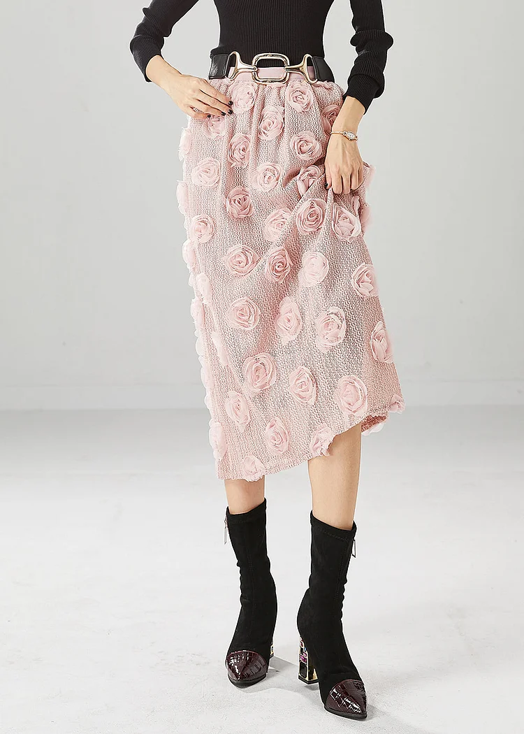 Pink Silm Fit Knit Skirts Three-dimensional Floral Fall