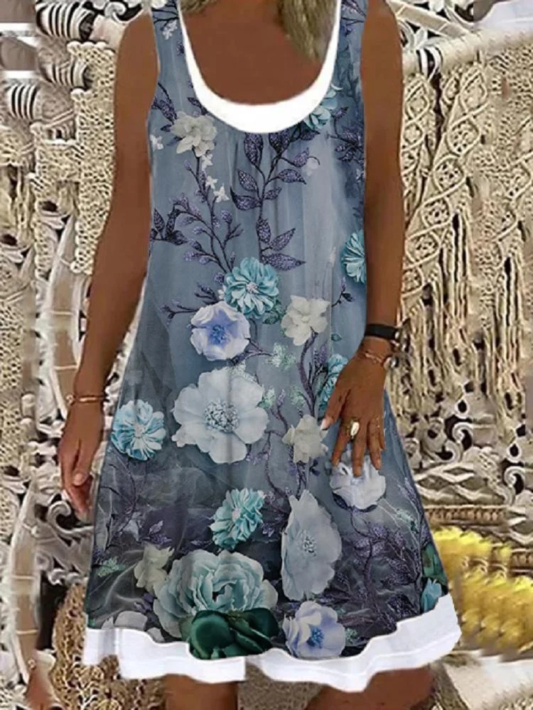 Women's U-neck Sleeveless Printed Midi Dress
