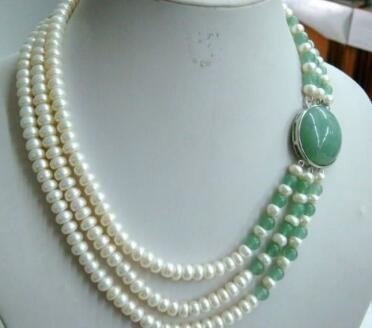 Hot! Charming Women's Jewelry 3 row white freshwater pearl jade necklace
