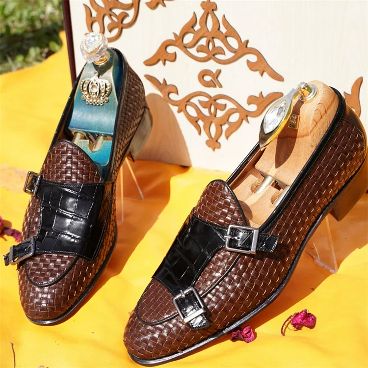 PU Leather Crochet Plaid Buckle Slip-On Pointy Toe Loafers Shoes - PRE ORDER