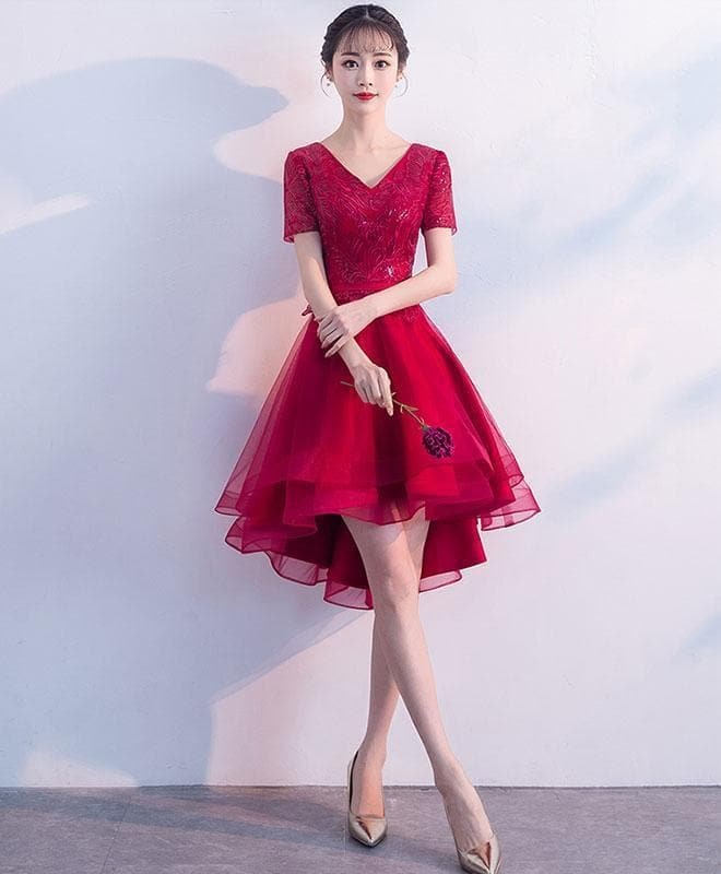 Burgundy V Neck Tulle Lace Short Prom Dress, Burgundy Homecoming Dress