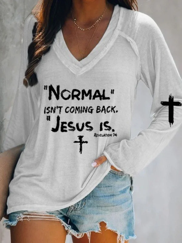 Jesus Faith Printed V-Neck Long-Sleeves