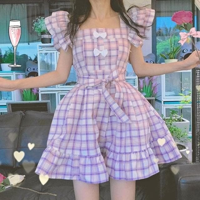Sweet Cute Purple Plaid Puff Sleeve Dress SP17517