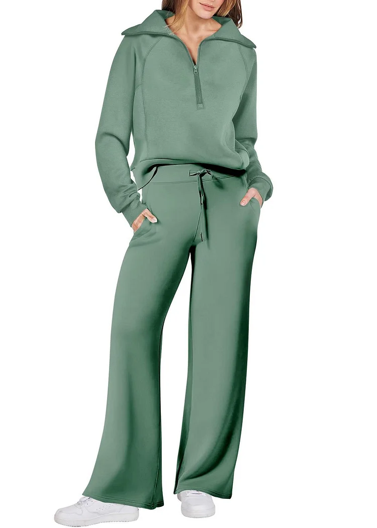 Loose Light Green Zip Up Solid Tops And Wide Leg Pants Cotton Two Pieces Set Spring