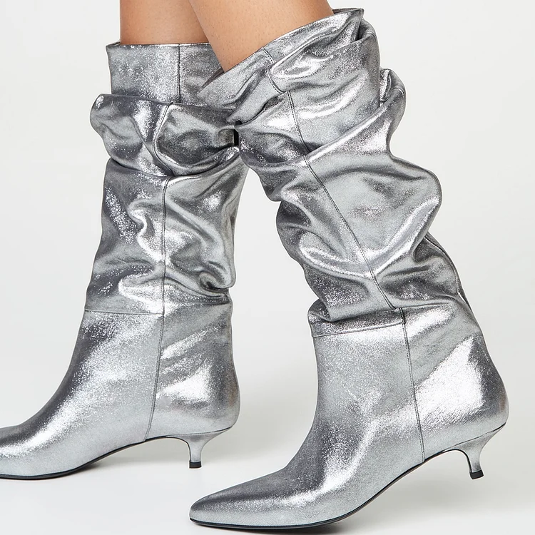 Silver Metallic Pointed Toe Kitten Heel Mid-Calf Slouch Boots |FSJ Shoes