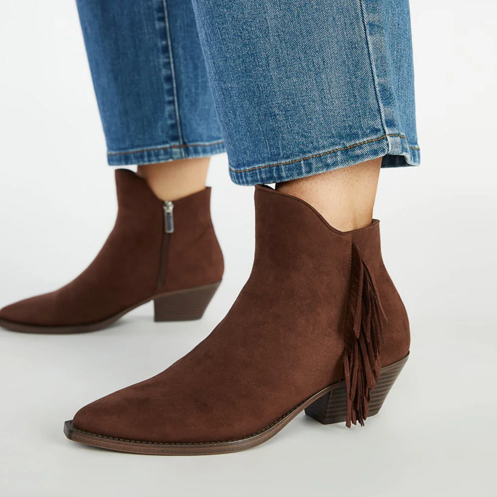 Brown Faux Suede Closed Pointed Toe Side-Zipper & Fringe Ankle Boots With Chunky Heels Nicepairs