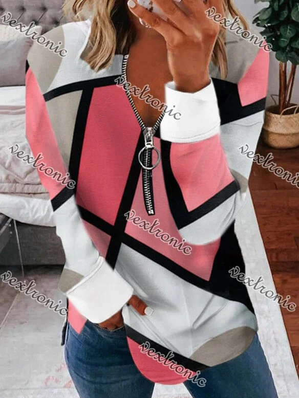 Women's V-neck Long Sleeve Pink Geometric Graphic Printed Top