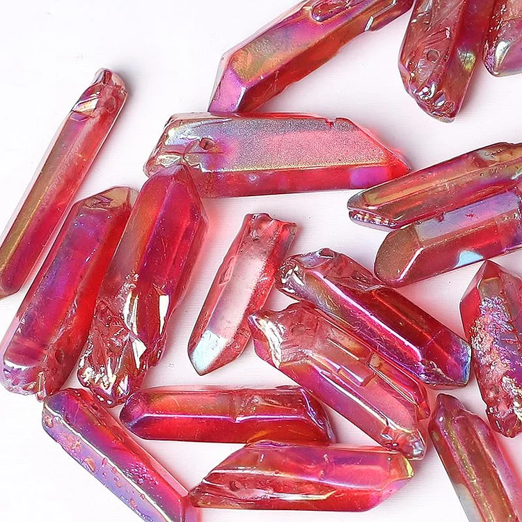 Drilled Red Aura Quartz Crystal Points Raw Rough Clear Rock Quartz Sticks