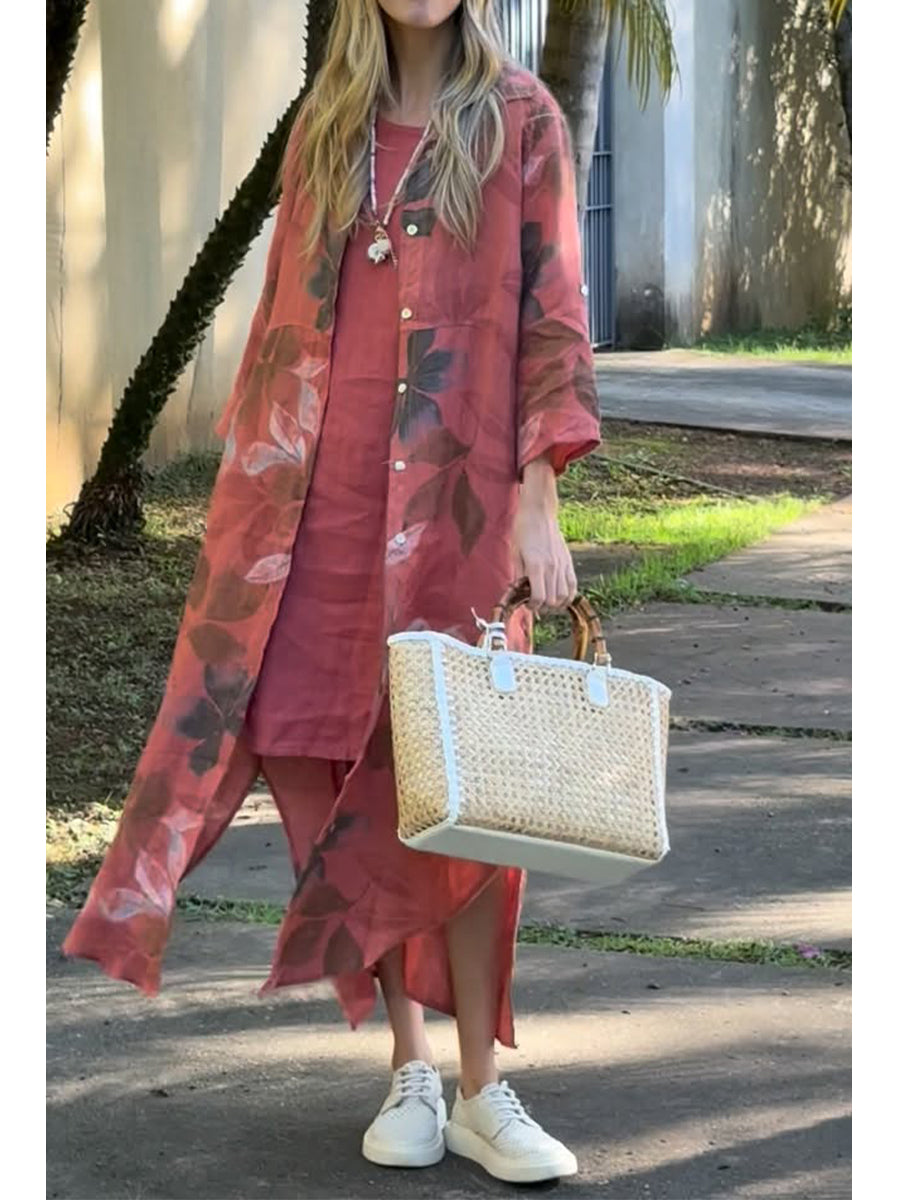 Casual Loose-fit Floral Print Linen & Cotton Two-piece Set: Cardigan And Sleeveless Dress