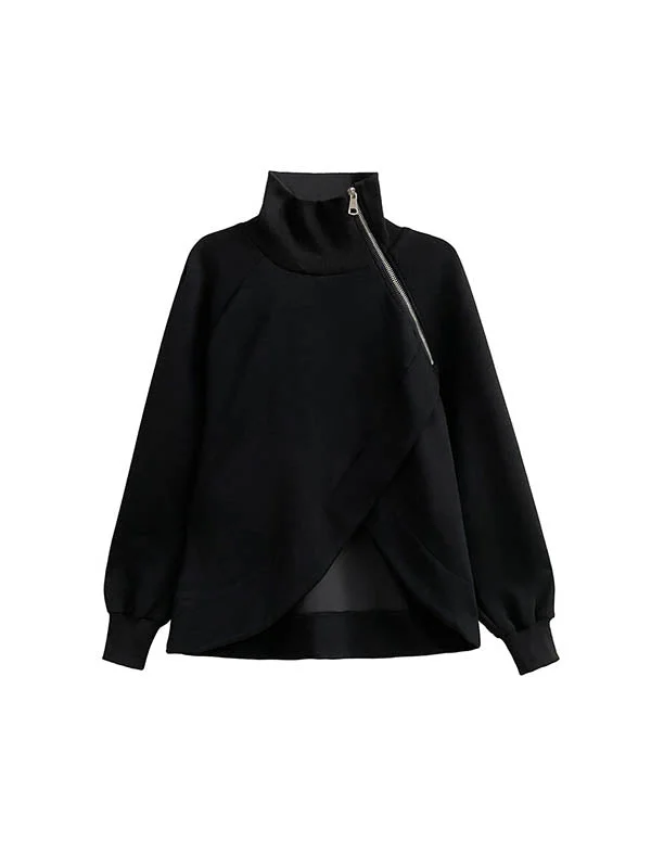 Urban Black High Neck With Zipper Asymmetric Split-Joint Hem Long Sleeve Sweatshirt
