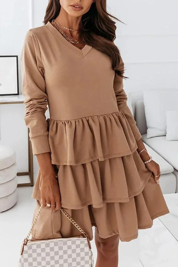 Solid Color Long-sleeved V-neck Irregular Dress P15015