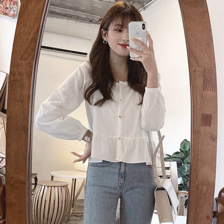 Long-Sleeve Plain Cropped Blouse YP4468