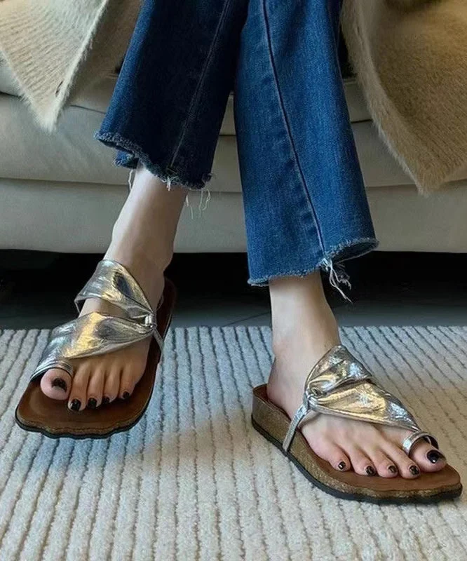 Unique Splicing Platform Flip Flops Silver Faux Leather