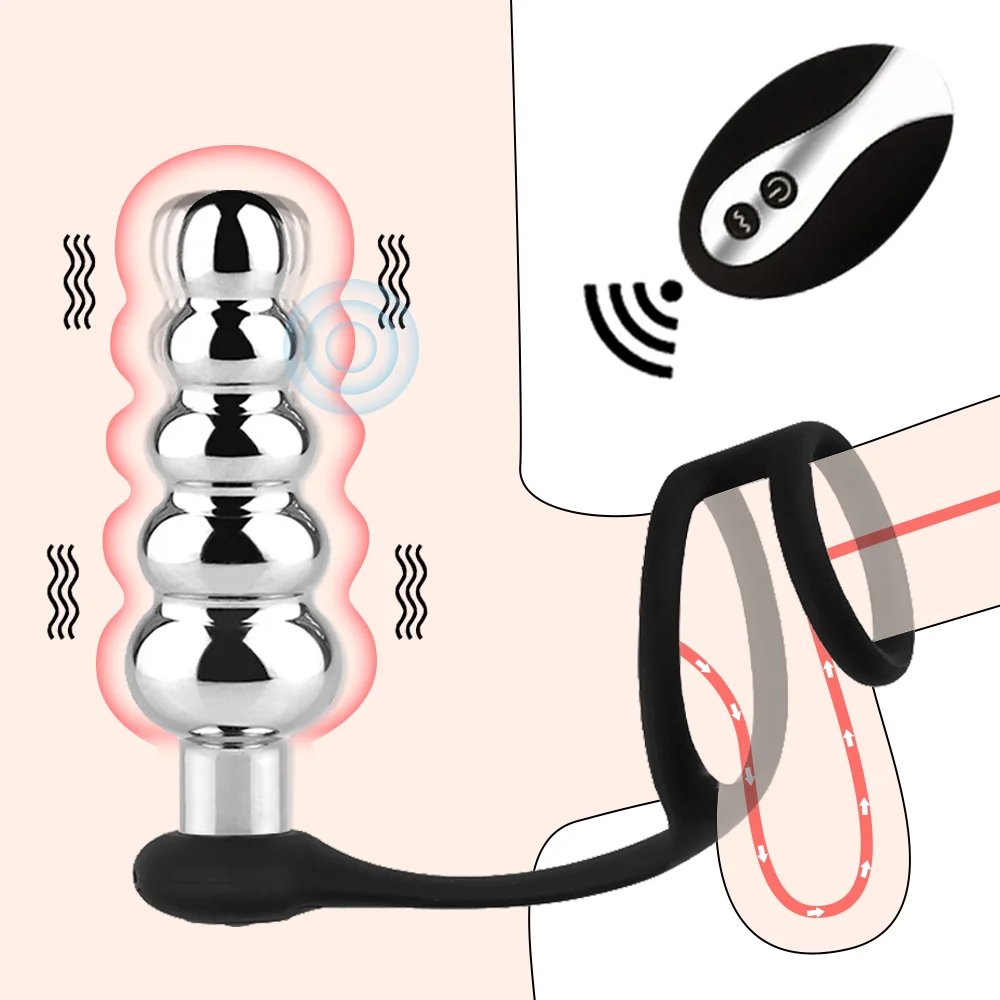 10 Speed Vibrating Metal Thread Anal Beads With Double Penis Ring Rosetoy Official