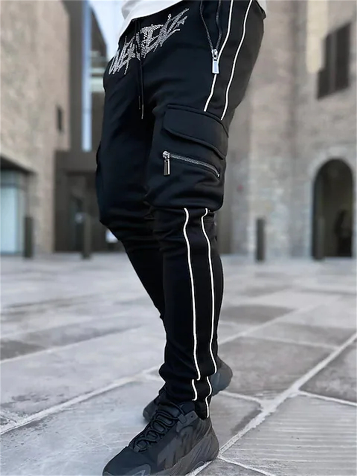Men's Cargo Pants Trousers Elastic Waist Multi Pocket Hot Drilling Letter Breathable Soft Full Length Daily Streetwear Casual Hip Hop Black Khaki Micro-elastic / Drawstring