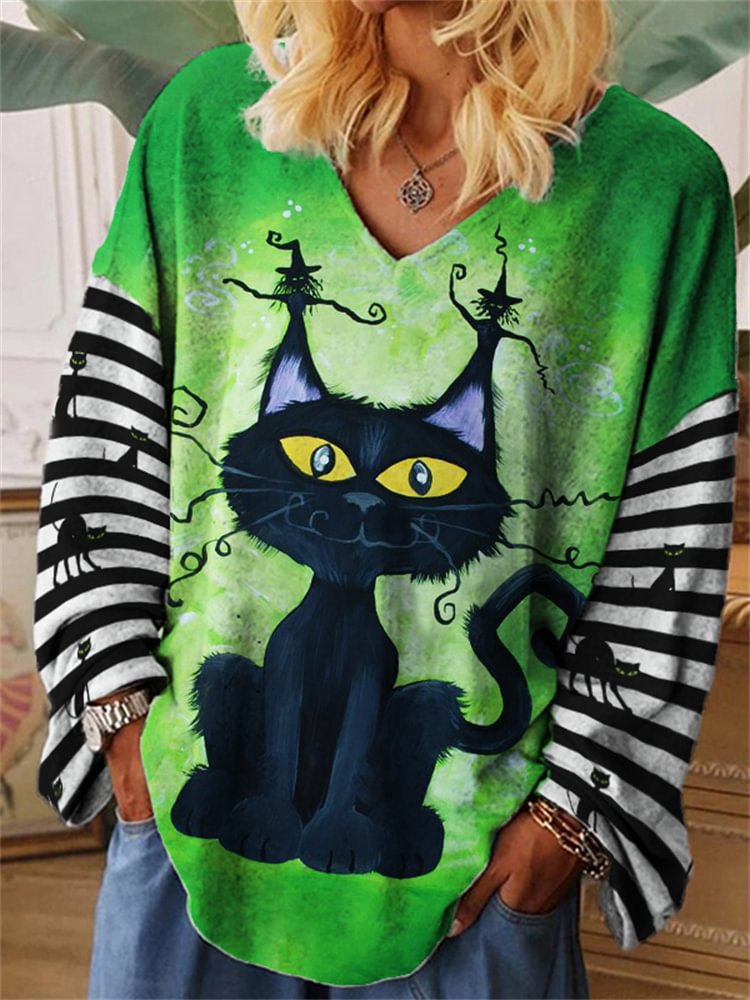 Vefave Halloween Black Cat Striped Oversize T Shirt