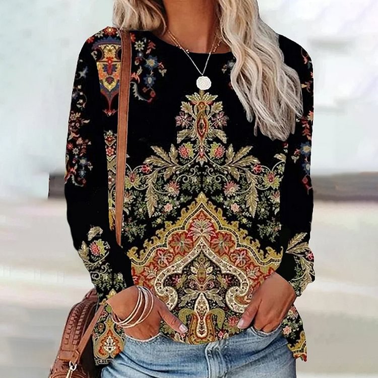 Comstylish Women's Ethnic Print Long Sleeve T-Shirt