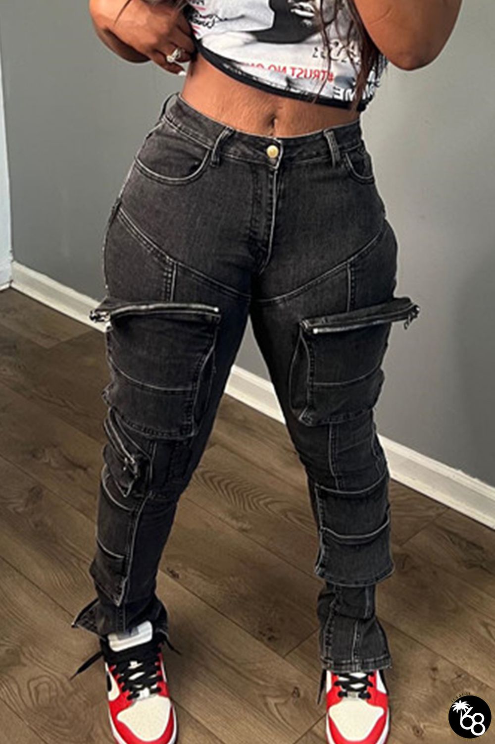 Black Street College Solid Patchwork Pocket Buttons Zipper Mid Waist Regular Denim Jeans | 168DEAL