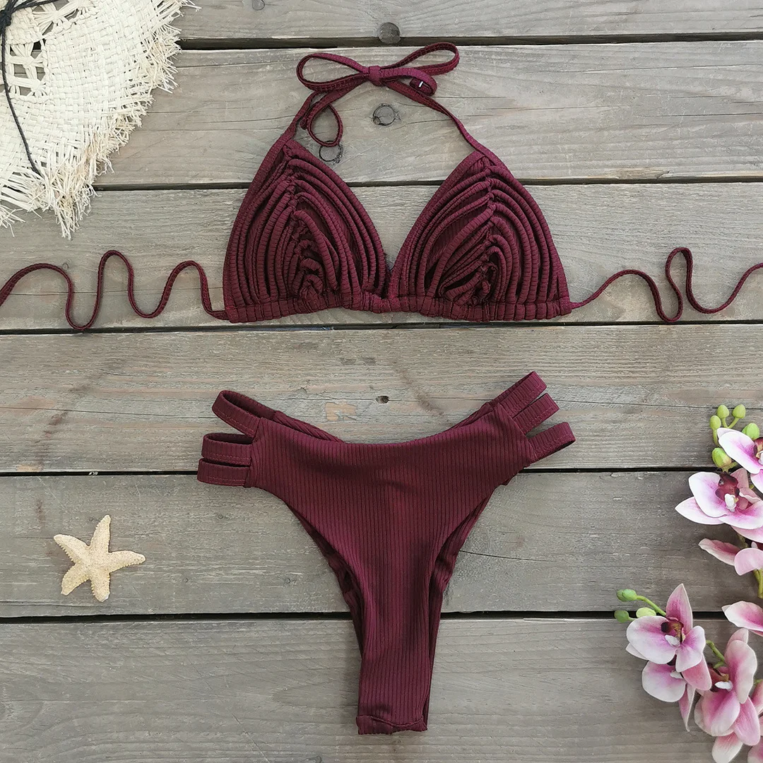 Churchf Solid Color High Open Split Split Swimsuit Woman New Strap Sexy Bareback Bikini