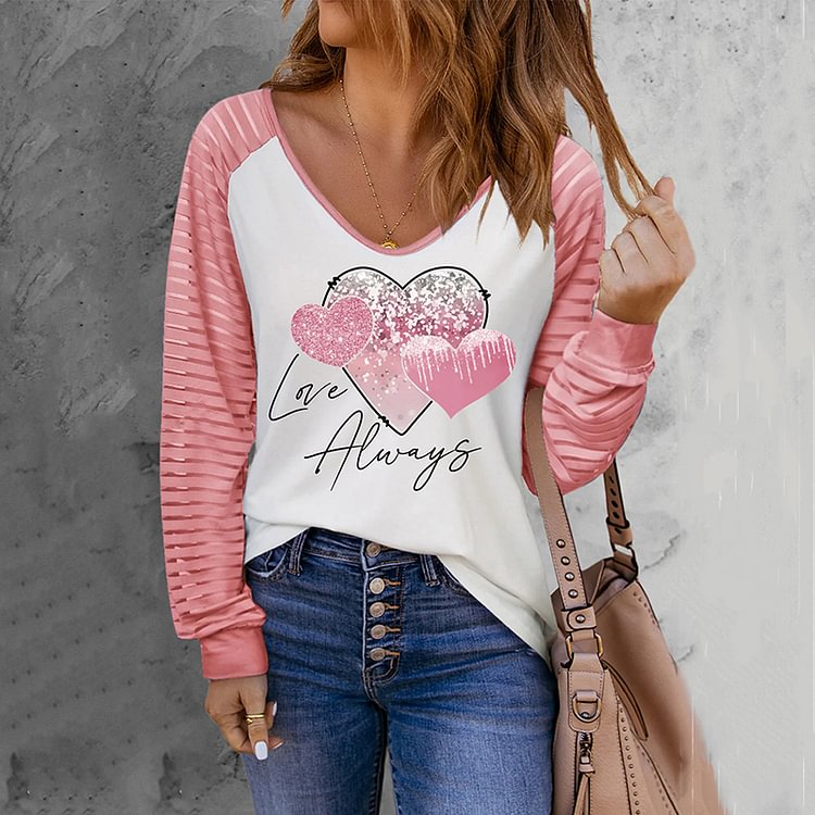Vefave Pink Hearts Brown Patchwork Mesh T-Shirt
