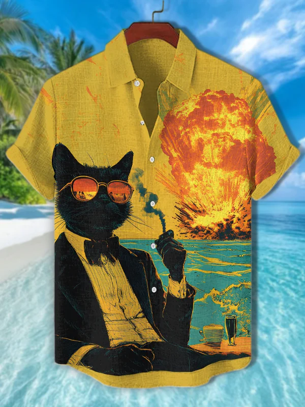 Men's Vintage Cat Smoke Explode Art Print Shirt
