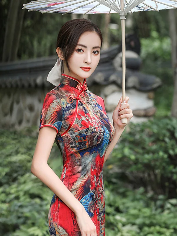 Vintage Split-Side Stand Collar Abstract Stamped Short Sleeves Cheongsams