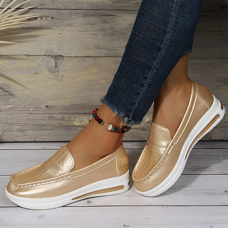 Printed Stitching Low Wedge Heels Slip-On Loafers